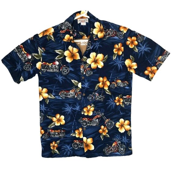 Hawaiian Shirt Mens M Motorcycles Hibiscus Short Sleeves Pacific Legend Blue - Picture 1 of 7